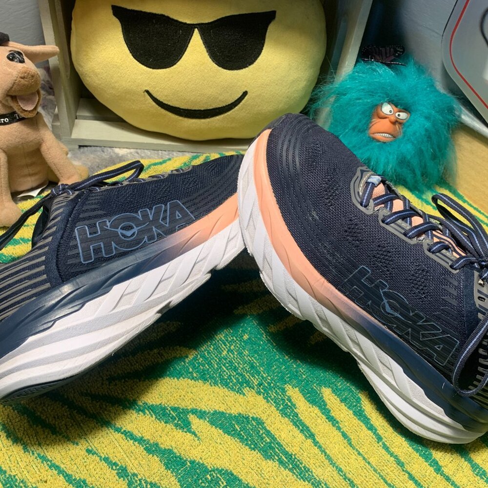 Women's Size 8.5 HOKA One One "Bondi 6" Athletic Shoes Navy Blue w/ Peach Trim - Picture 4 of 11